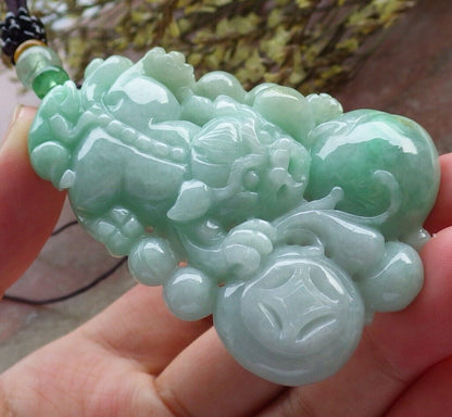 Certified Green 100% Natural A Jade jadeite Pendant Dragon Pi Xiu Frog Toad Peach Coin Necklace 风水貔貅 574019 TN