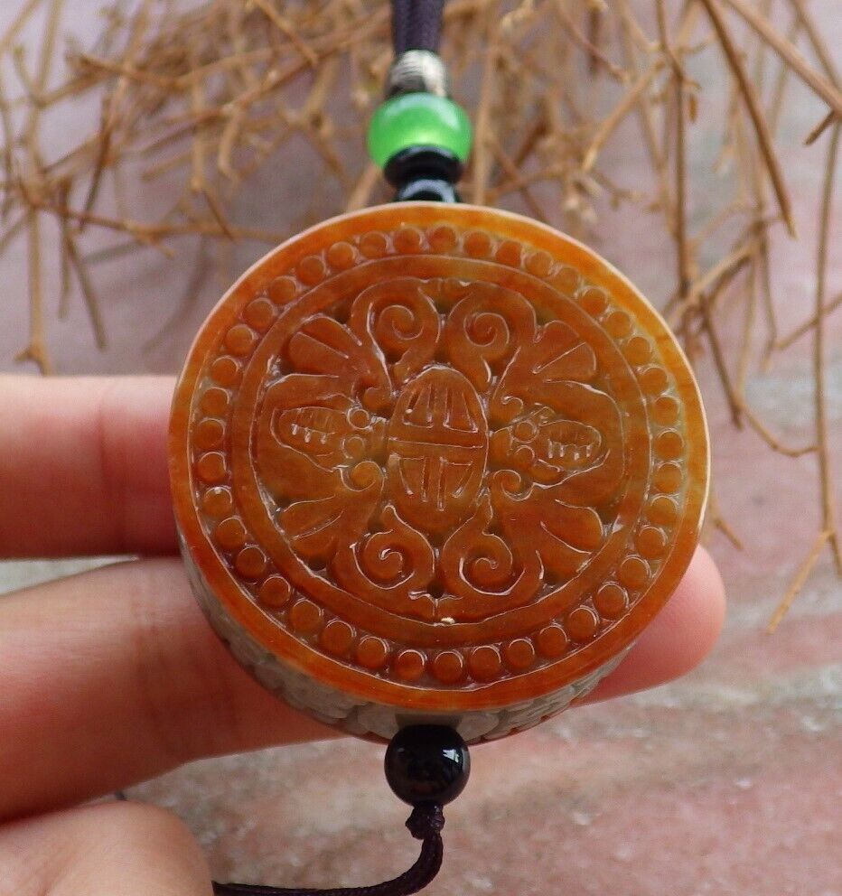 Certified Red Green 100% Natural A Jade jadeite Pendant Bat Longevity Ruyi Necklace 蝙蝠 523421  TN