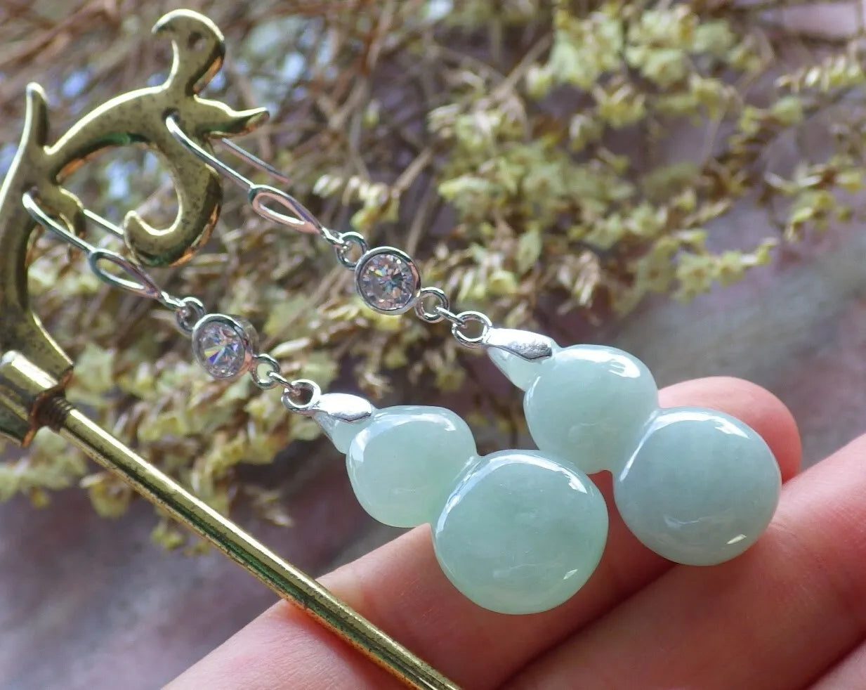 Certified Icy Green Sterling Silver 0.925 Natural A Jade jadeite Gourd Earrings Earring Dangle 耳环 524289  TN