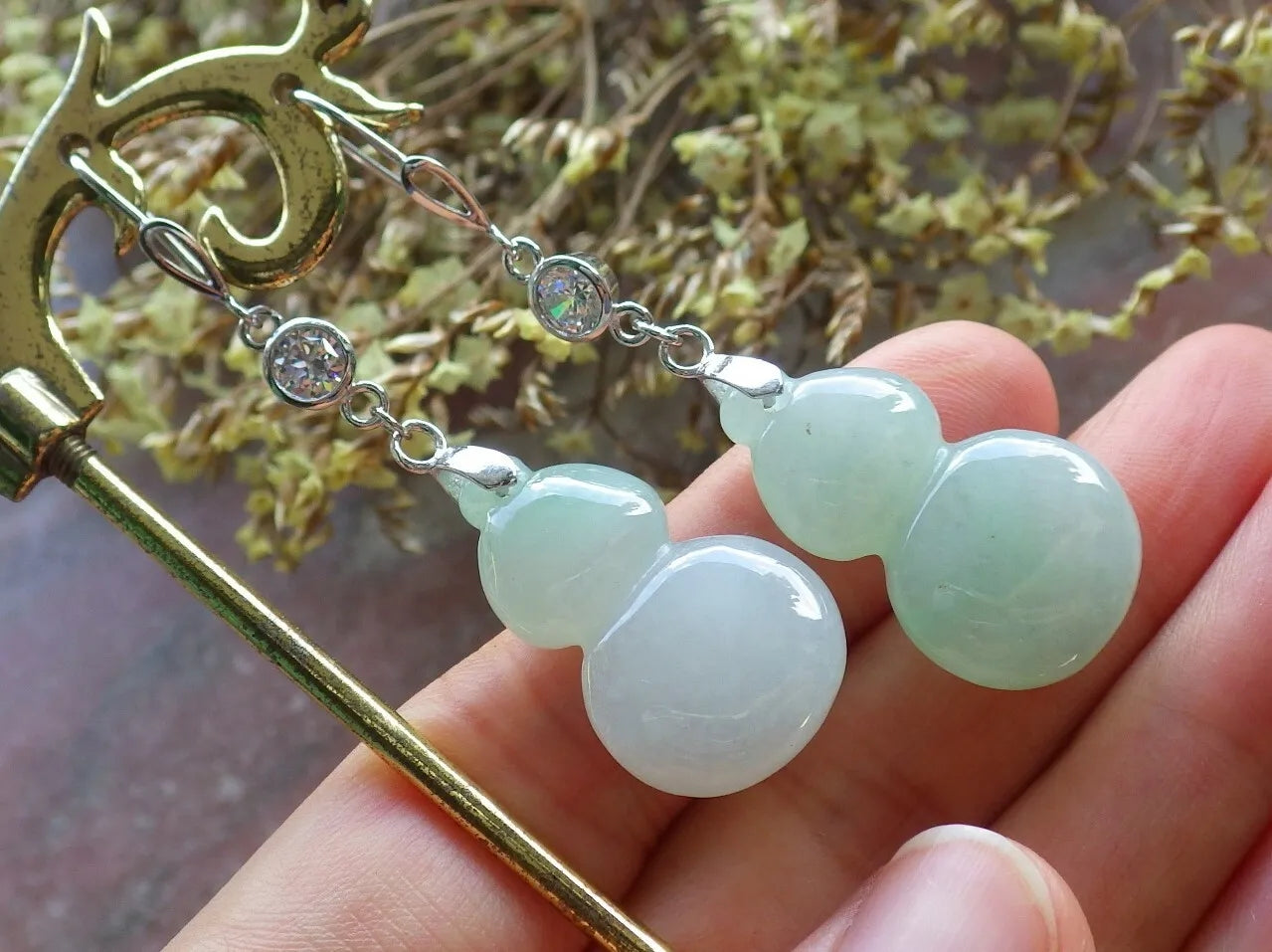 Certified Icy Green Sterling Silver 0.925 Natural A Jade jadeite Gourd Earrings Earring Dangle 耳环 524317  TN