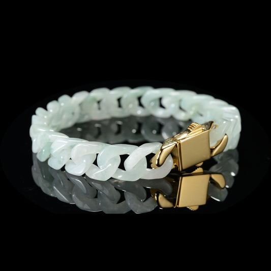 This is the only one white jade Cuban bracelet with green floating flowers（Copper gold-plated inlay）