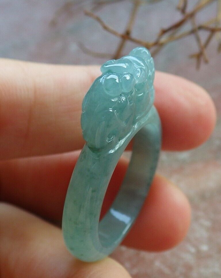 Certified Icy Green 100% Natural A JADE Jadeite Dragon Pi Xiu RING USA. 9.25 风水貔貅戒指 530040  TN