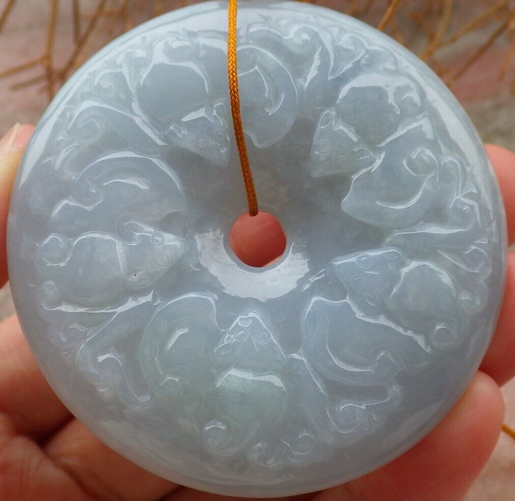Certified Pale Green Lavender 100% Natural A Jade jadeite Dragon Phoenix 5 Bat Necklace 五福龙凤 519611  TN