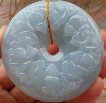 Certified Pale Green Lavender 100% Natural A Jade jadeite Dragon Phoenix 5 Bat Necklace 五福龙凤 519611  TN