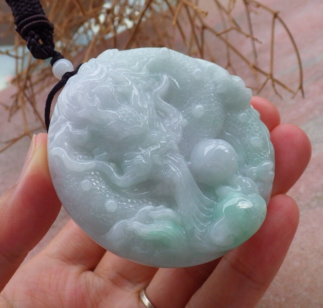 Certified Green 100% Natural A Jade jadeite pendant Dragon Lotus Flower Ruyi Bead Necklace 生意兴隆 520825   TN
