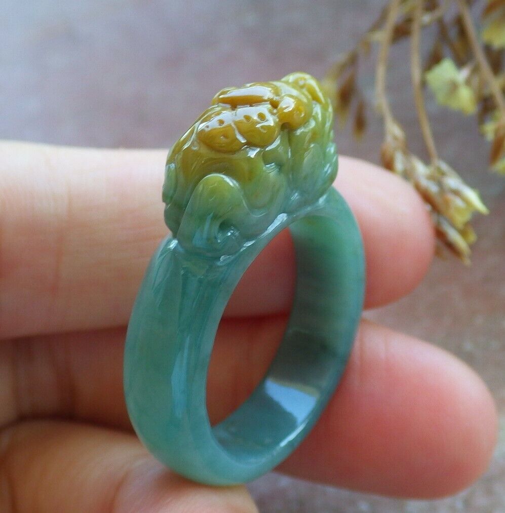 Certified Yellow Green 100% Natural A JADE Jadeite Dragon Pi Xiu RING USA. 9 戒指 529757  TN