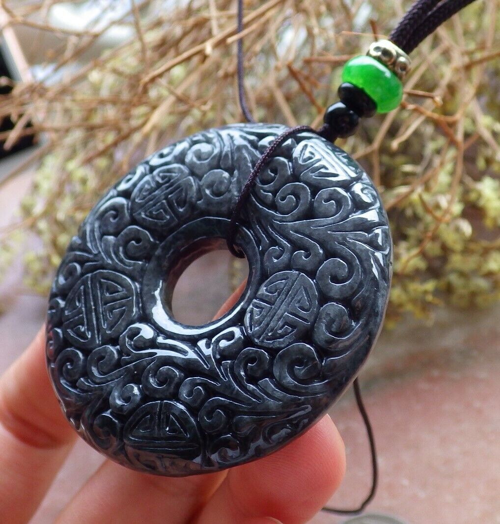 Certified Black 100% Natural A Jade jadeite pendant Longevity Lotus Flower Ruyi Circle Necklace 花平安扣 523920  TN