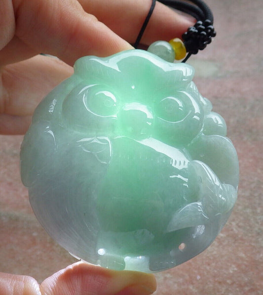 Certified Green Burma 100% Natural A Jade jadeite Pendant Owl Ruyi Necklace 猫头鹰 633397  TN