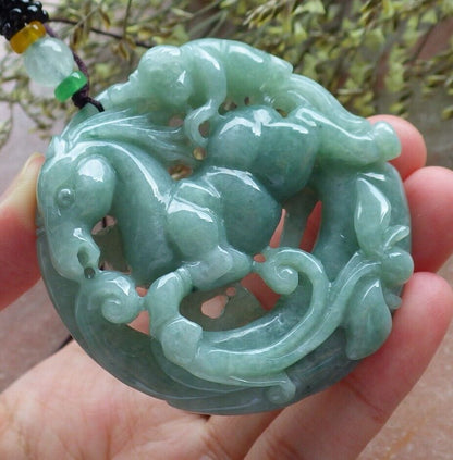 Certified Green Burma 100% Natural A Jade jadeite Pendant Horse Monkey Lotus Flower Necklace 573750 TN