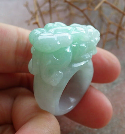 Certified Green Pale Lavender 100% Natural A JADE Jadeite Dragon Pi Xiu Lotus Flower Ruyi RING USA. 5.25 戒指 523568  TN