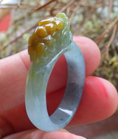 Certified Icy Yellow Green 100% Natural A JADE Jadeite Dragon Pi Xiu RING USA. 9.25 戒指 523823  TN