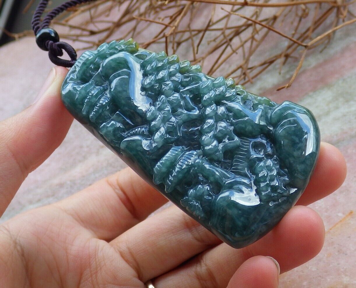 Certified Green Yellow 100% Natural A Jade jadeite Landscape painting Tree Necklace 山水画 529705  TN