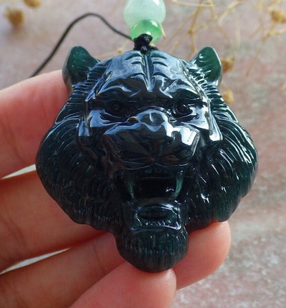 Certified Icy Blue Water Burma 100% Natural A Jade jadeite Pendant Tiger Necklace 虎虎生威 636028  TN