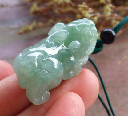 Certified Icy Green 100% Natural A Jade jadeite Pendant Dragon Pi Xiu Money Coin Necklace 风水貔貅 525166  TN