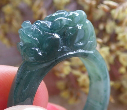 Certified Icy Green 100% Natural A JADE Jadeite Dragon Pi Xiu RING USA. 8.75 戒指 523807  TN