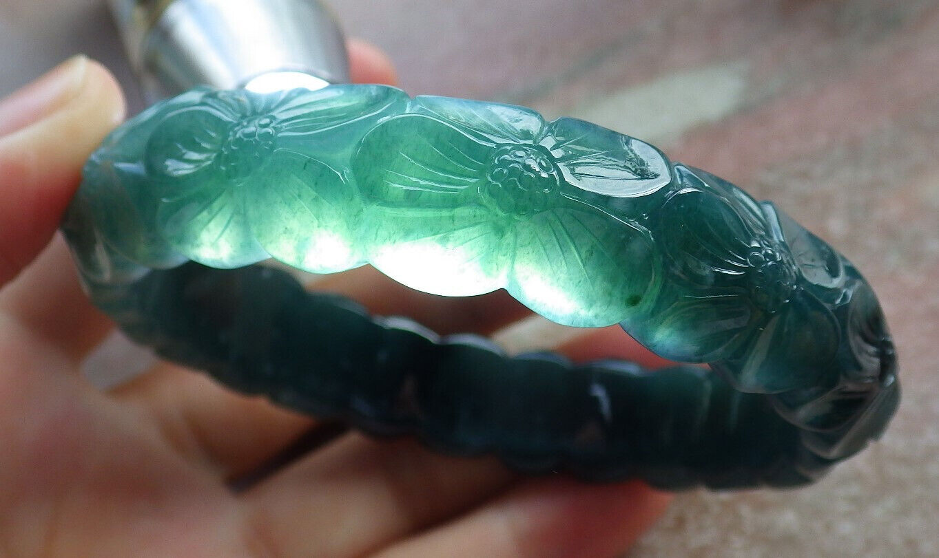 Certified Icy Blue Water Green Burma 100% Natural A JADE Jadeite Flower Bangle Bracelet 62 mm 635320  TN