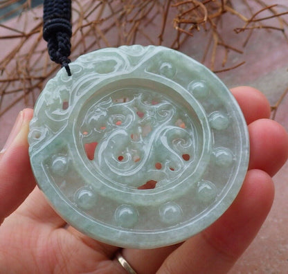 Certified Green 100% Natural A Jade jadeite pendant Dragon Circle Necklace 生意兴隆 528221  TN
