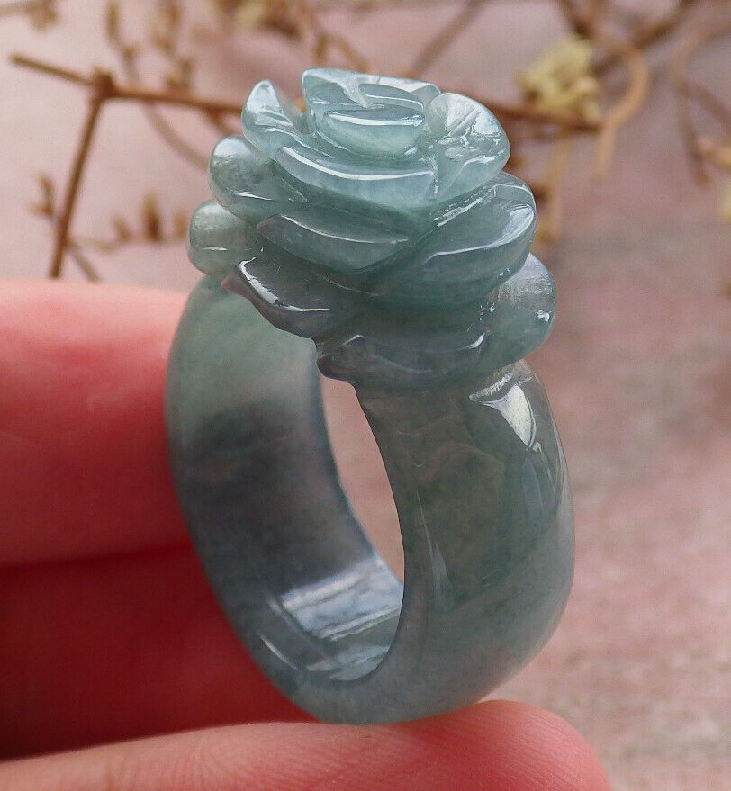 Certified Icy Green Burma 100% Natural A JADE Jadeite Rose Flower RING USA. 8.5 花戒指 633926  TN