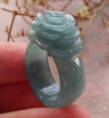 Certified Icy Green Burma 100% Natural A JADE Jadeite Rose Flower RING USA. 8.5 花戒指 633926  TN