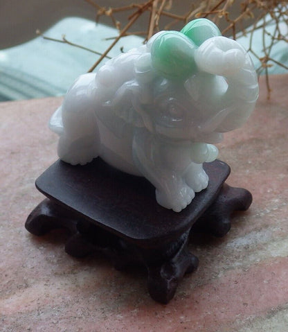 Certified Green 100% Natural A Jade jadeite Display Elephant Monkey Peach 封侯拜相 519574  TN ** Include woodstand **