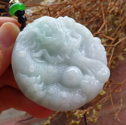 Certified Green 100% Natural A Jade jadeite Pendant Dragon Lotus Flower Ruyi Bead Necklace 生意兴隆 525045  TN