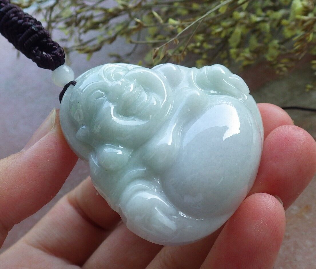 Certified Green Pale Lavender Burma 100% Natural A Jade jadeite pendant Happy Buddha God Necklace 开心佛 574390 TN