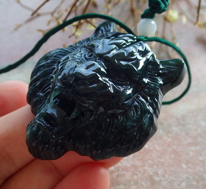 Certified Icy Blue Water Burma 100% Natural A Jade jadeite Pendant Tiger Head Necklace 虎虎生威 635059  TN