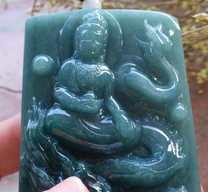 Certified Icy Green Burma 100% Natural A Jade jadeite Pendant Guanyin Kwan Yin Dragon Necklace 观音 574877 TN