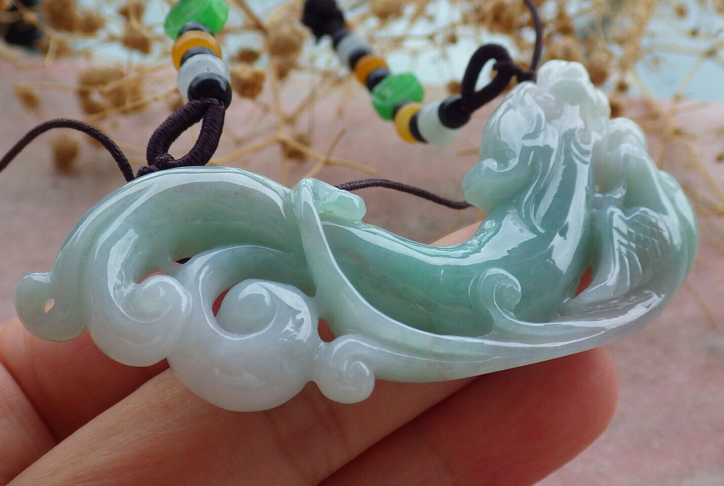 Certified Green Burma 100% Natural A Jade jadeite Pendant Dragon Phoenix Coin Necklace 龙凤 637014  TN
