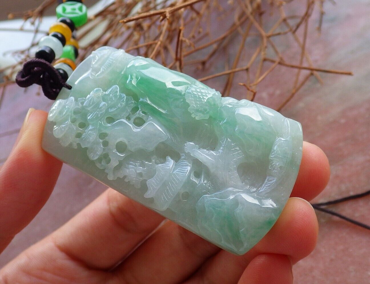 Certified Icy Green Burma 100% Natural A Jade jadeite Landscape painting Tree Necklace 山水画 525860  TN