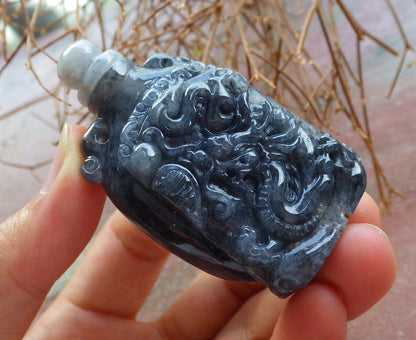 Certified Black 100% Natural A Jade jadeite pendant Display Dragon Bead Snuff Bottle 525869  TN