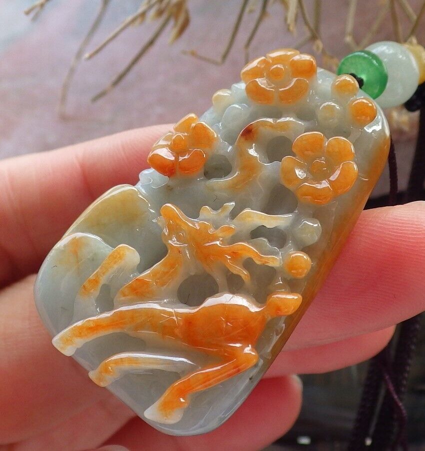 Certified Red Green Burma 100% Natural A Jade jadeite Pendant Deer Flower Necklace 梅花鹿 646488 TN