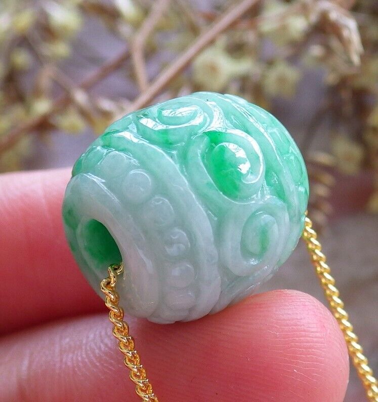 綠色認證 100% 天然 A 翡翠蓮花如意錢幣圓珠項鍊路通 523899 TN