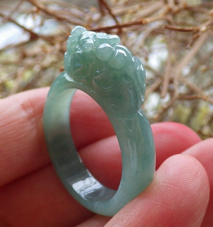 Certified Icy Green 100% Natural A JADE Jadeite Dragon Pi Xiu RING USA. 8.75 戒指 523767  TN