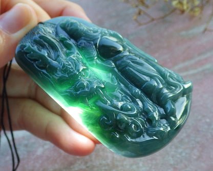 Certified Yellow Green Burma 100% Natural A Jade jadeite pendant Guan Gong God Dragon Sword Necklace 关公 635607  TN