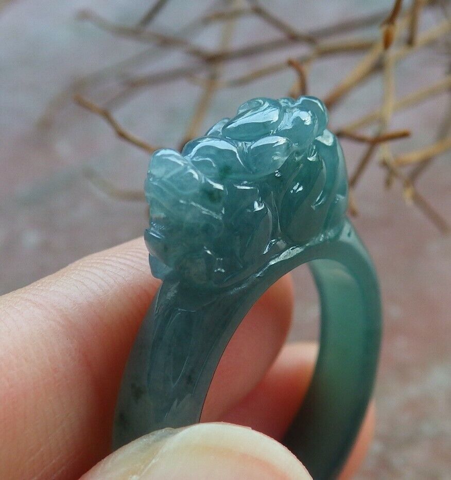 Certified Icy Green 100% Natural A JADE Jadeite Dragon Pi Xiu RING USA. 9.25 风水貔貅戒指 530032  TN
