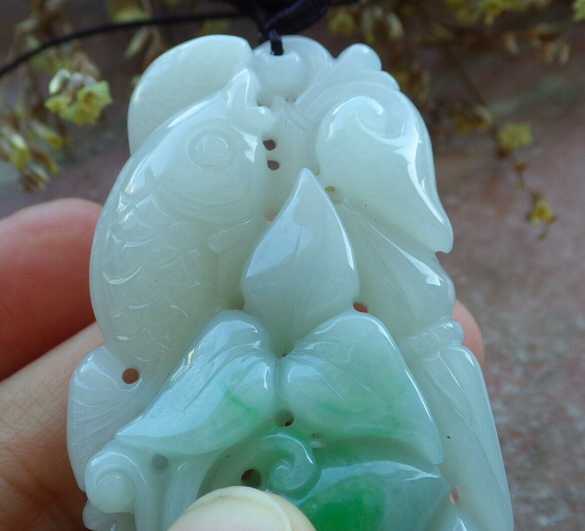 Certified Green 100% Natural A Jade jadeite Pendant Fish Lotus Flower Ruyi Coin Necklace 年年有余  529799   TN