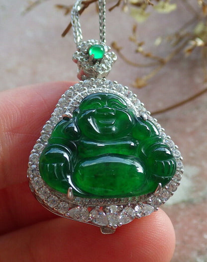 Icy Green Silver 925 Certified Burma 100% Natural A JADE Jadeite pendant Happy Buddha God Necklace 佛公 635107   TN