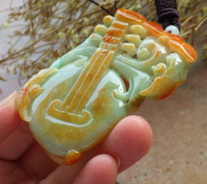 Certified Red Green Burma 100% Natural A Jade jadeite Pendant Bird Lotus Flower Guitar Necklace 吉他 575324 TN