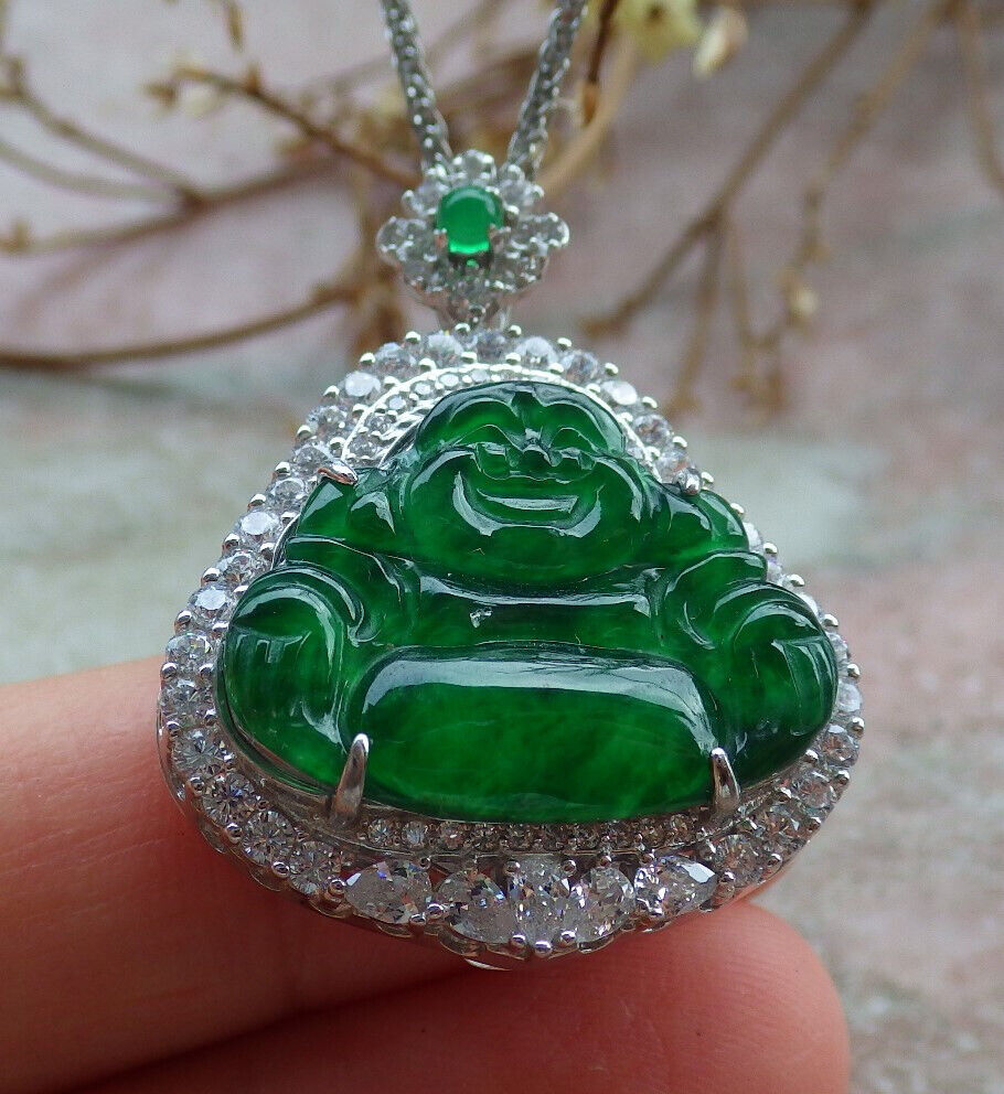 Icy Green Silver 925 Certified Burma 100% Natural A JADE Jadeite pendant Happy Buddha God Necklace 佛公 635249  TN