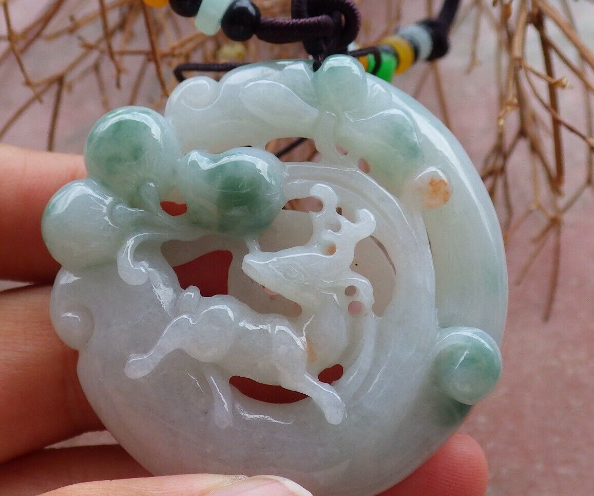 Certified Green 100% Natural A Jade jadeite Pendant Deer Peach Lotus Flower Ruyi Necklace 梅花鹿 526039  TN