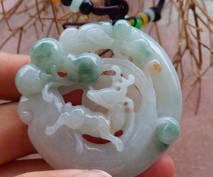 Certified Green 100% Natural A Jade jadeite Pendant Deer Peach Lotus Flower Ruyi Necklace 梅花鹿 526039  TN