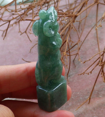 Certified Green 100% Natural A Jade jadeite Display Mouse Rat Yuan Bao Chop Seal 印章 526183  tn