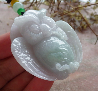 Certified Green Pale Lavender Burma 100% Natural A Jade jadeite Pendant Owl Ruyi Coin Necklace 猫头鹰 633436  TN