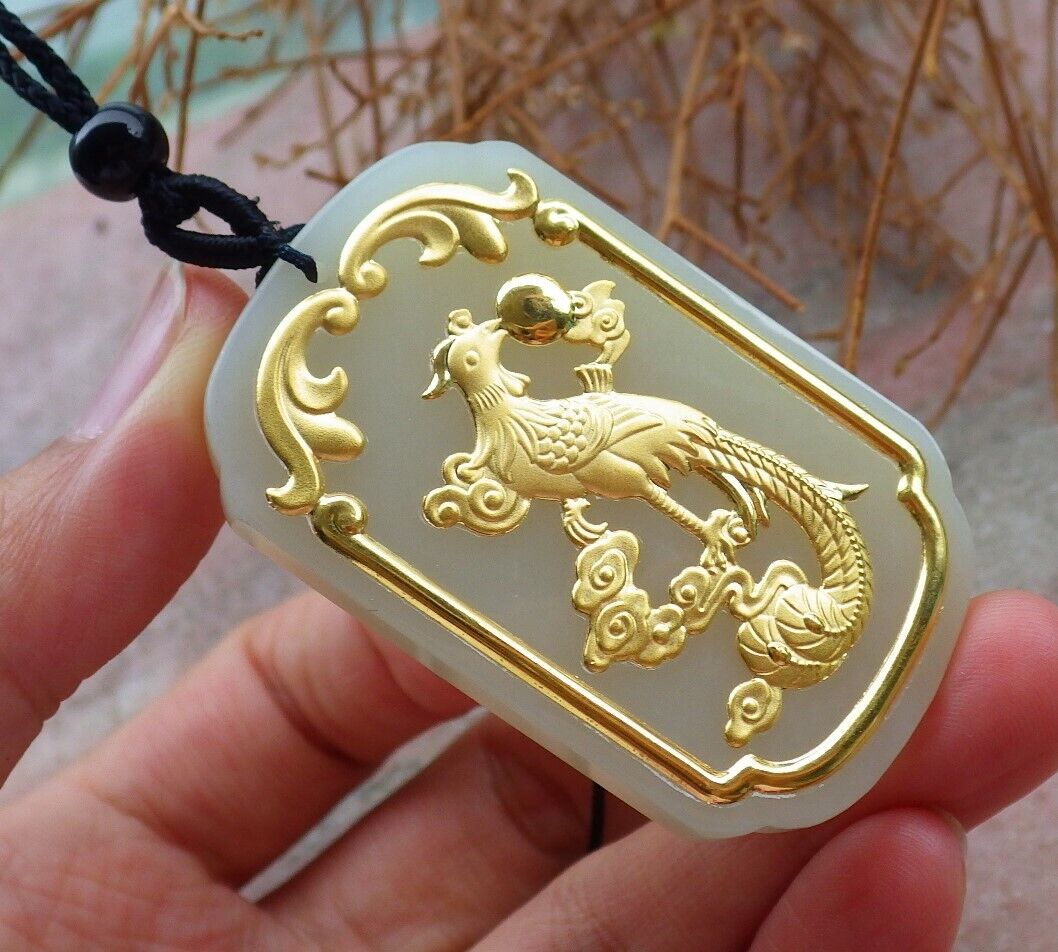 Certified 24K Yellow Gold Filled Hetian nephrite jade 100% A Natural Phoenix Rectangle Bead Necklace 凤凰牌 520692  TN