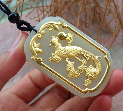 Certified 24K Yellow Gold Filled Hetian nephrite jade 100% A Natural Phoenix Rectangle Bead Necklace 凤凰牌 520692  TN