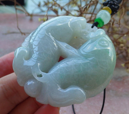 Certified Green Burma 100% Natural A Jade jadeite Pendant Fish Money Coin Necklace 年年有余 633170  TN