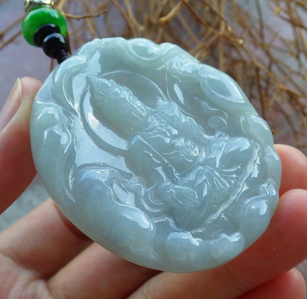 Certified Green Pale Lavender 100% Natural A Jade jadeite pendant Guanyin Kwan Yin Lotus Flower Necklace 观音 523705  TN