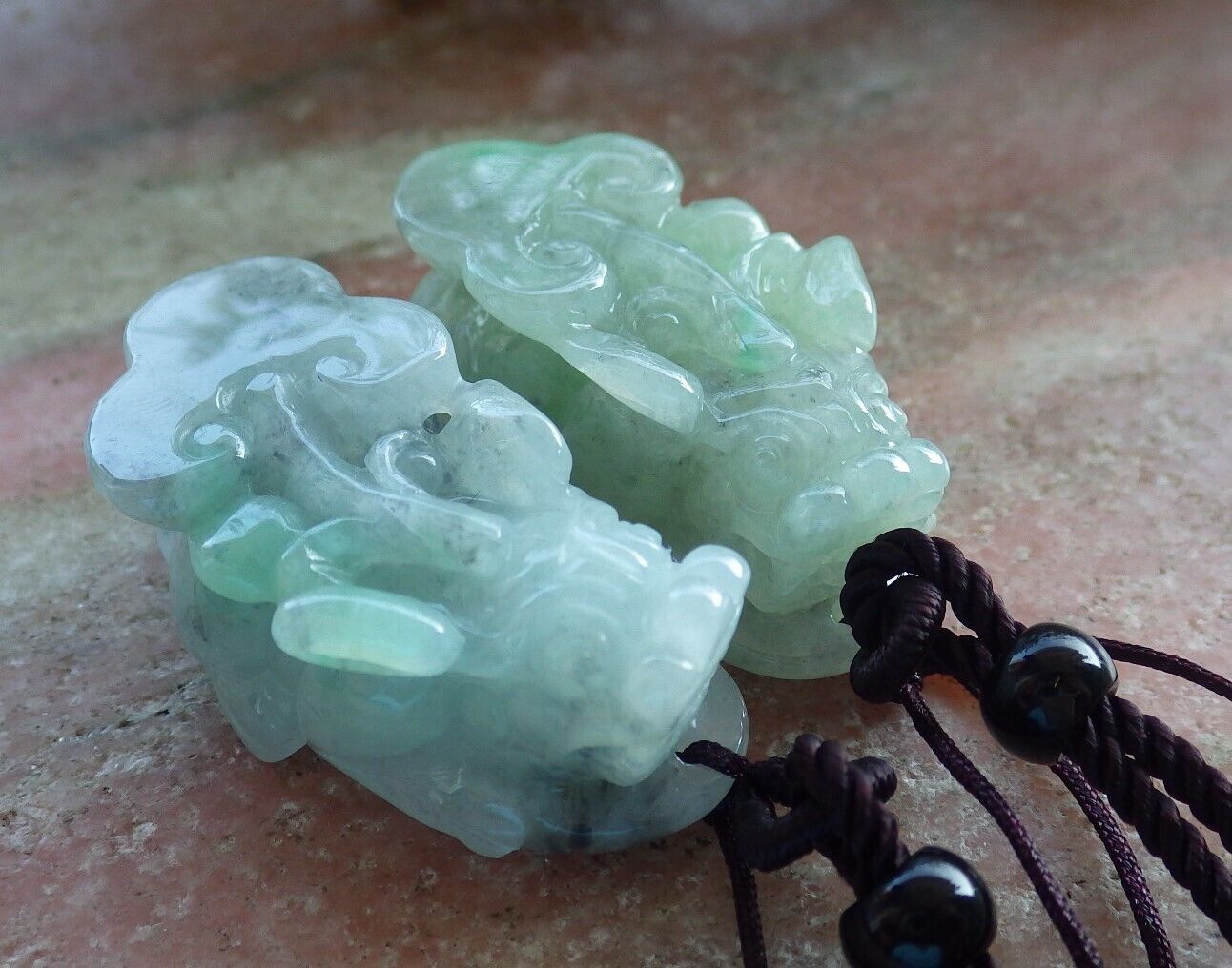 Pair Certified Green Burma 100% Natural A Jade jadeite Pendant Dragon Pi Xiu Coin Money Coin Necklace 风水貔貅 574130 TN