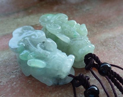 Pair Certified Green Burma 100% Natural A Jade jadeite Pendant Dragon Pi Xiu Coin Money Coin Necklace 风水貔貅 574130 TN
